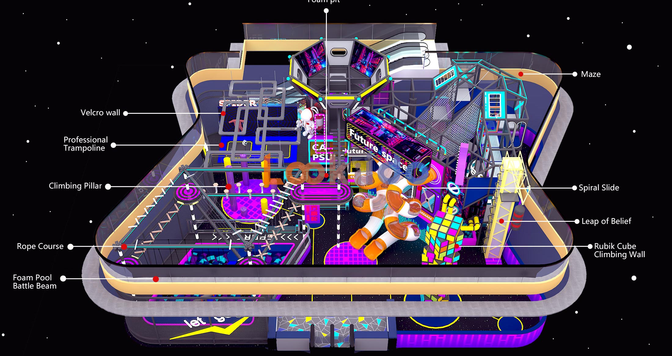 Commercial Ninja Rope Course Space Cyberpunk Adventure park with Rock Climbing Wall Zipline