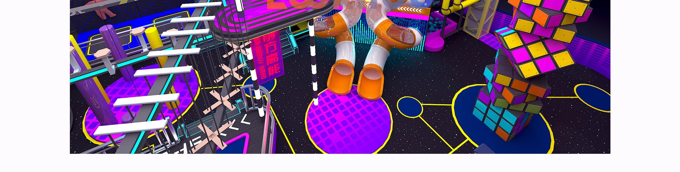 Commercial Ninja Rope Course Space Cyberpunk Adventure park with Rock Climbing Wall Zipline