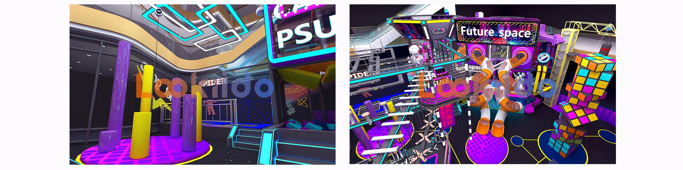 Commercial Ninja Rope Course Space Cyberpunk Adventure park with Rock Climbing Wall Zipline