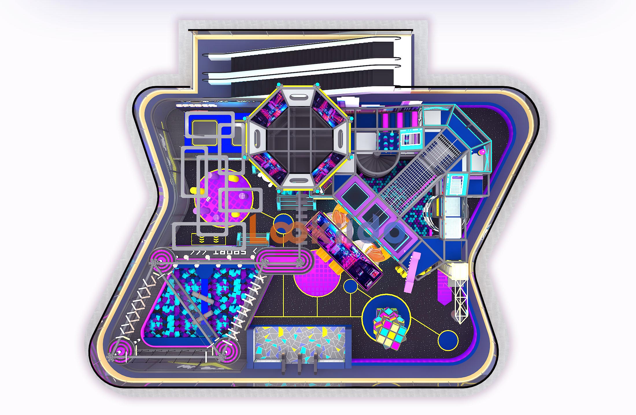 Commercial Ninja Rope Course Space Cyberpunk Adventure park with Rock Climbing Wall Zipline