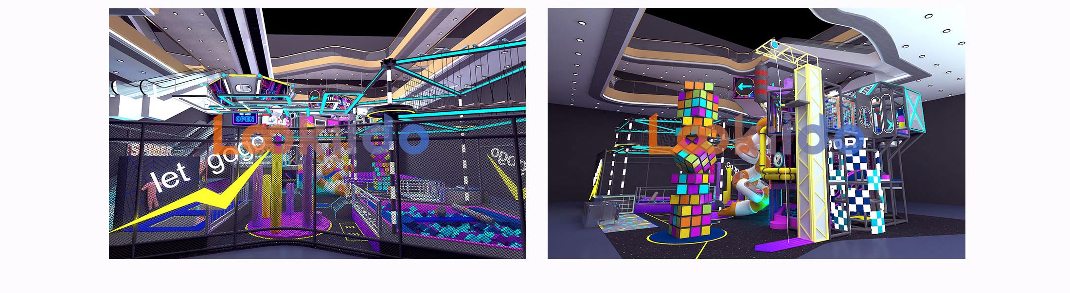 Commercial Ninja Rope Course Space Cyberpunk Adventure park with Rock Climbing Wall Zipline