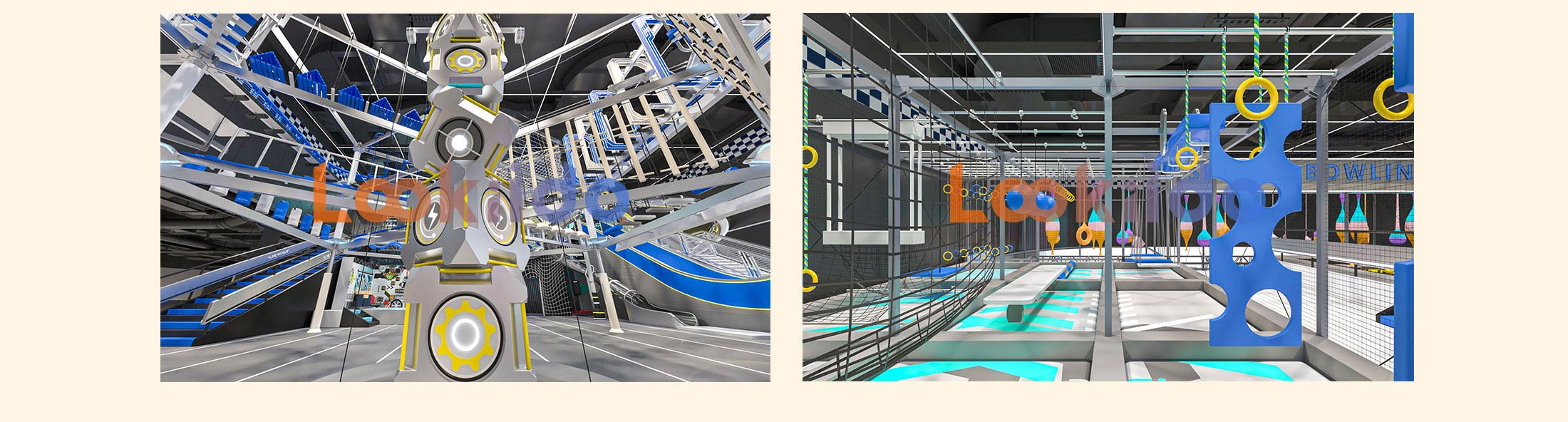 Commercial Ninja Rope Course Space Cyberpunk Adventure park with Rock Climbing Wall Zipline