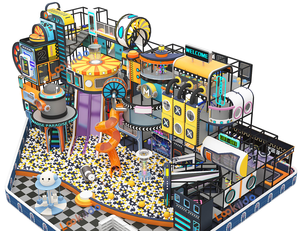 Soft Children's Playground with Spiral Slide in the Atrium of Commercial Shopping Center