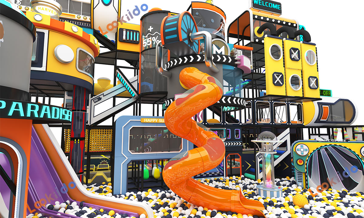 Soft Children's Playground with Spiral Slide in the Atrium of Commercial Shopping Center