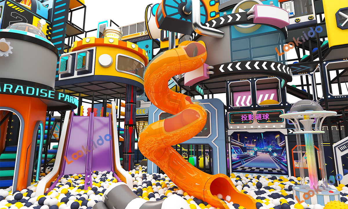 Soft Children's Playground with Spiral Slide in the Atrium of Commercial Shopping Center