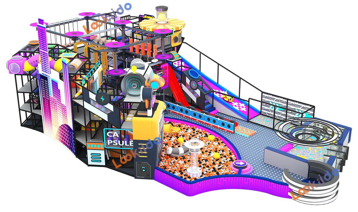 Soft Children's Playground with Spiral Slide in the Atrium of Commercial Shopping Center