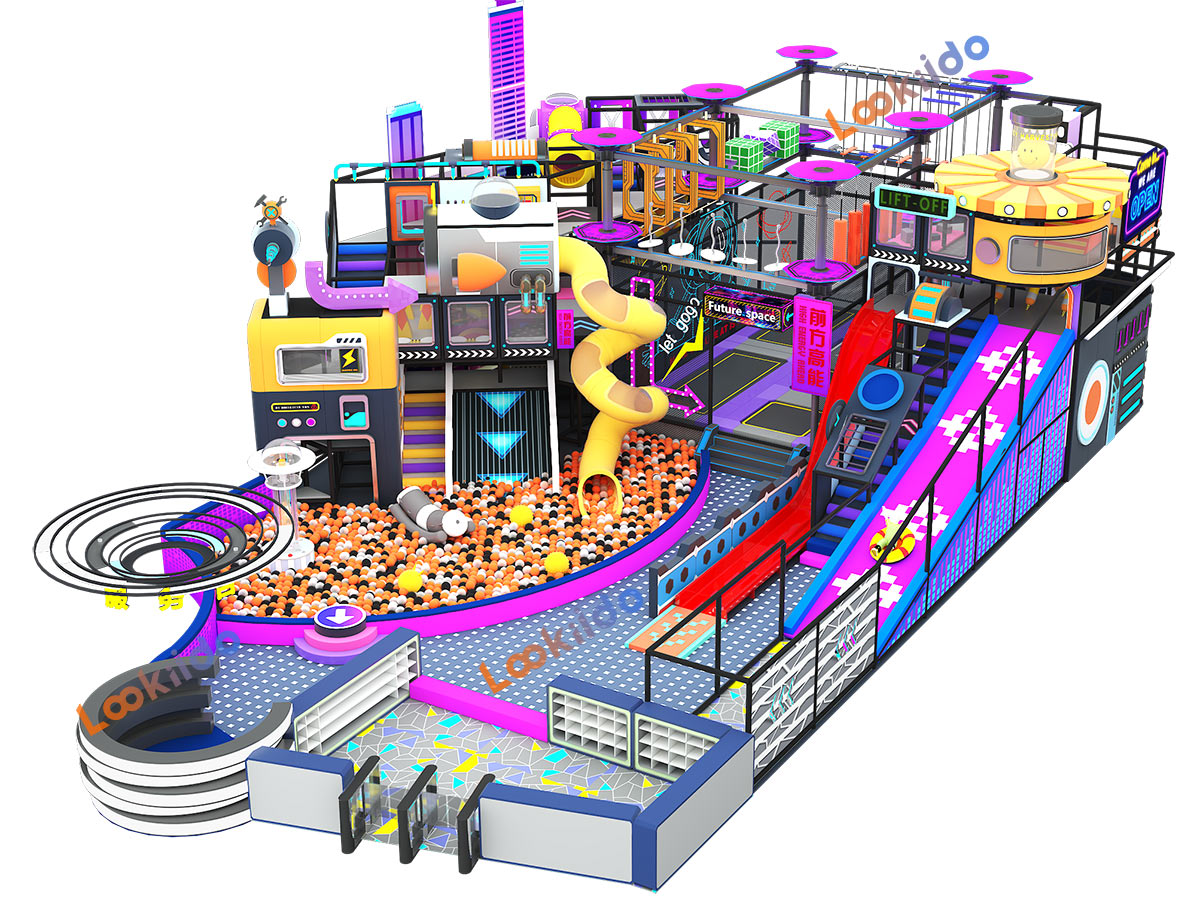 Soft Children's Playground with Spiral Slide in the Atrium of Commercial Shopping Center