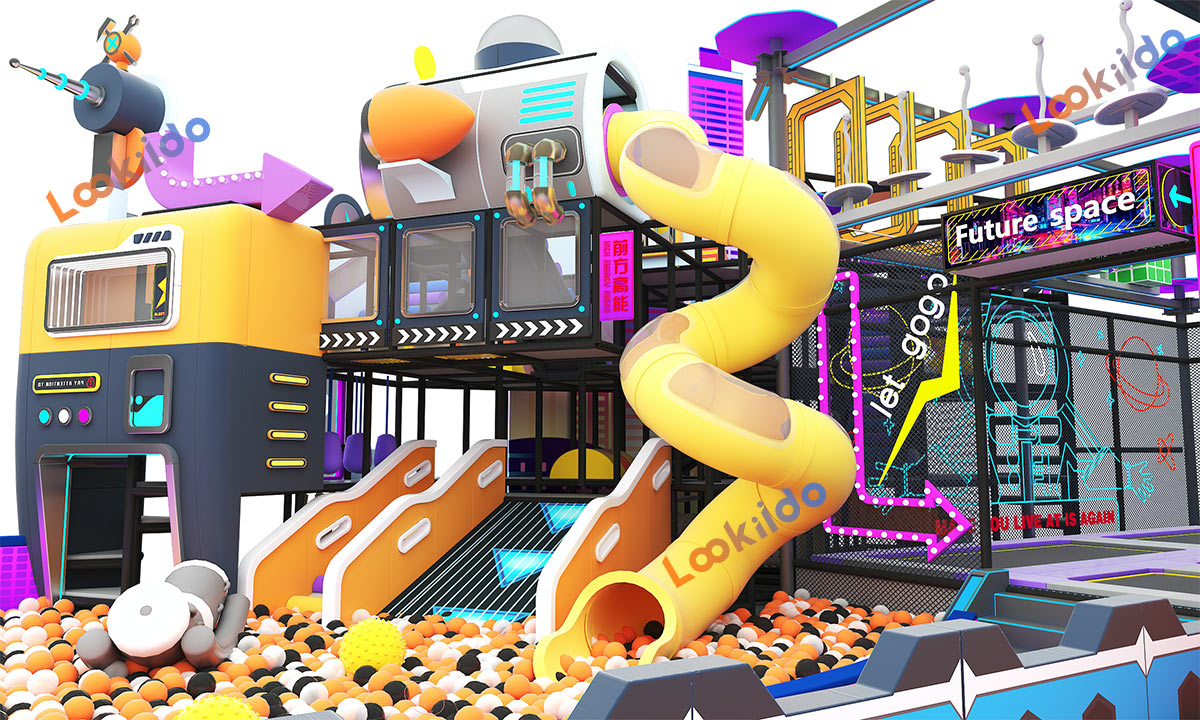 Soft Children's Playground with Spiral Slide in the Atrium of Commercial Shopping Center