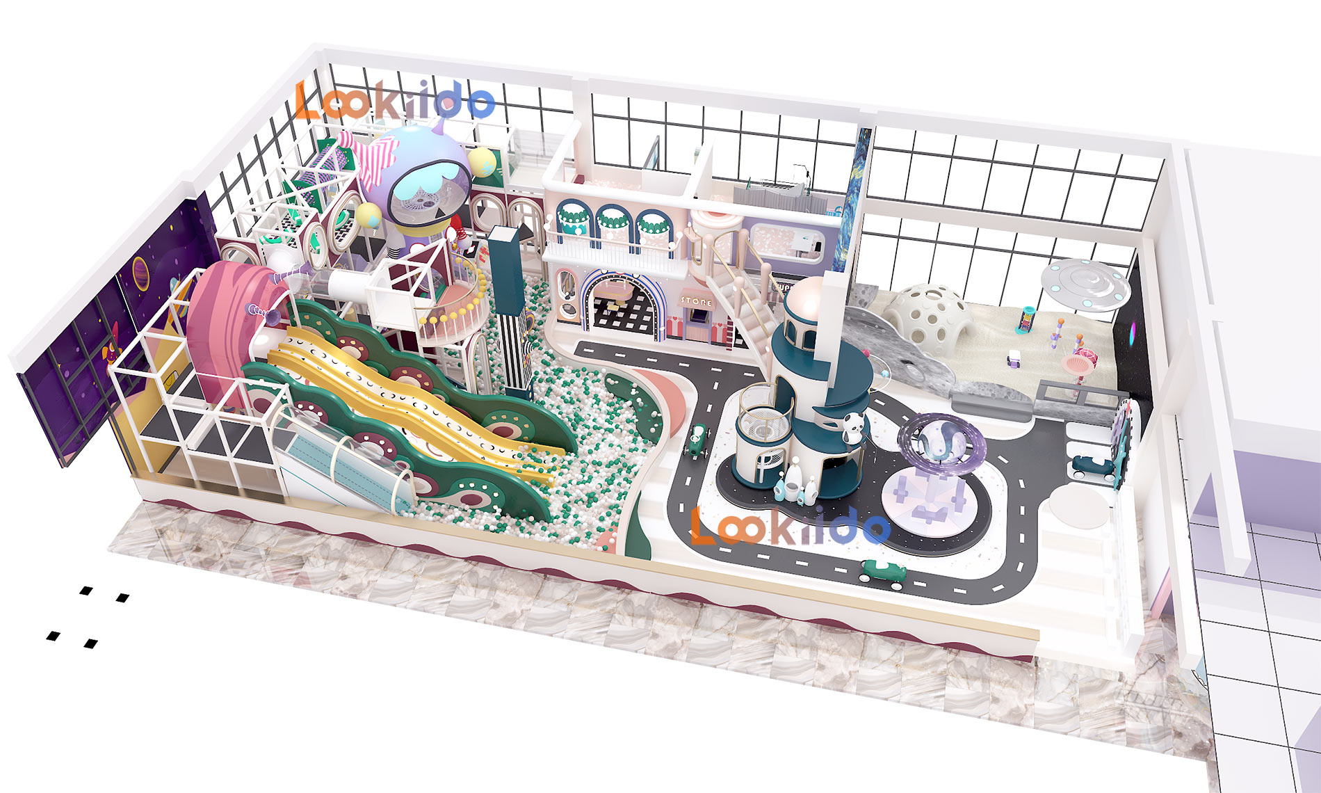 Science Fiction Planet Space Soft Playground with Fiberglass Slides and Role Playing House