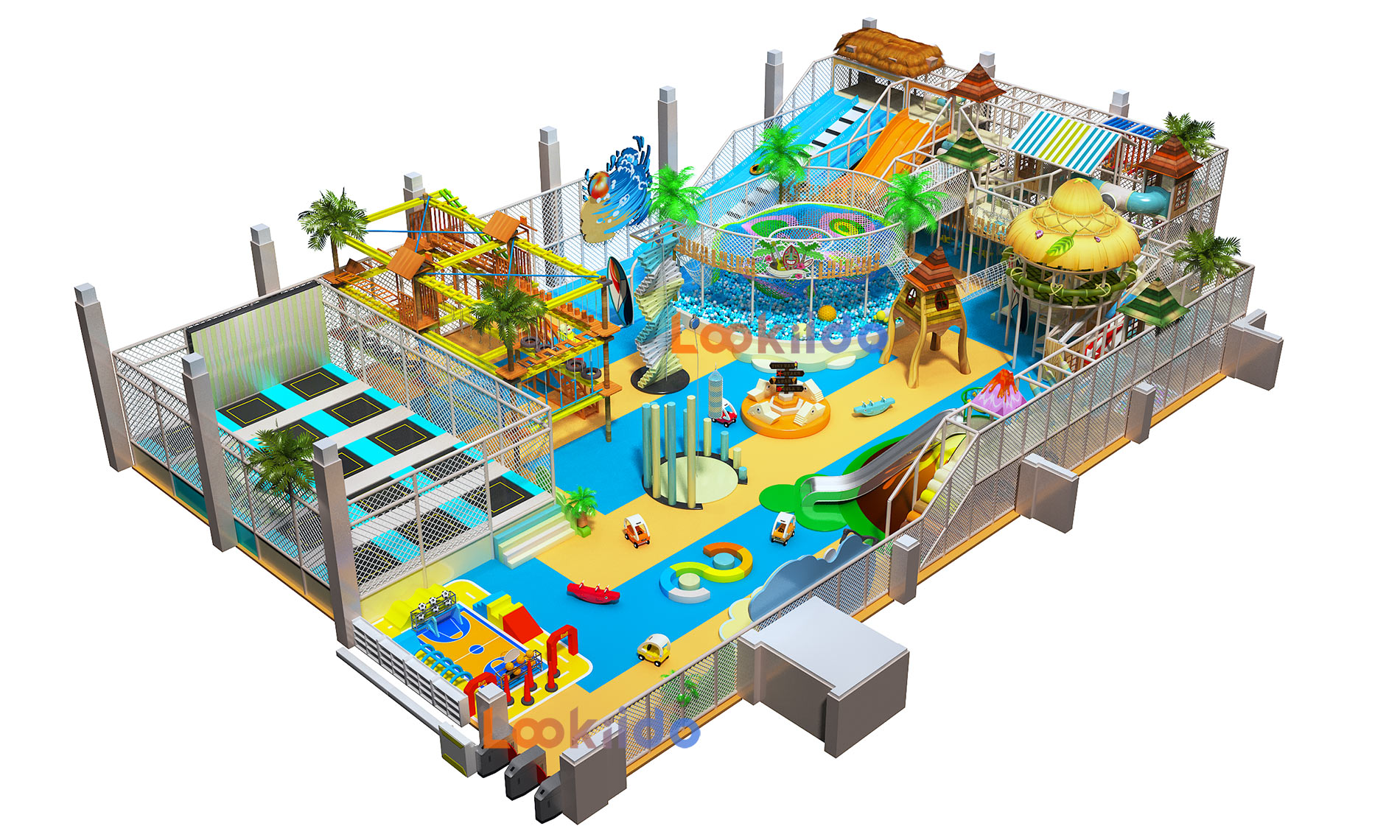 Coconut Beach Island Theme Adventure Playground with Donut Slides Kids Trampolines