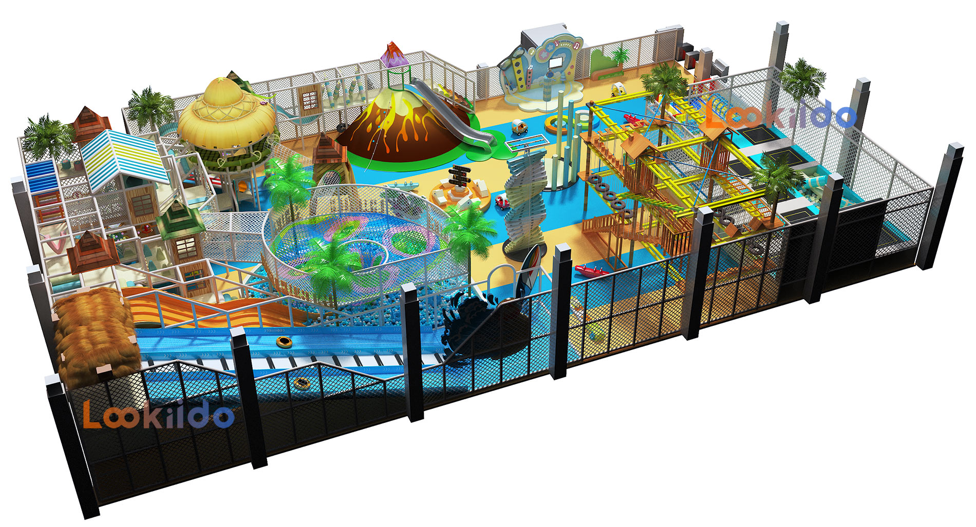Coconut Beach Island Theme Adventure Playground with Donut Slides Kids Trampolines