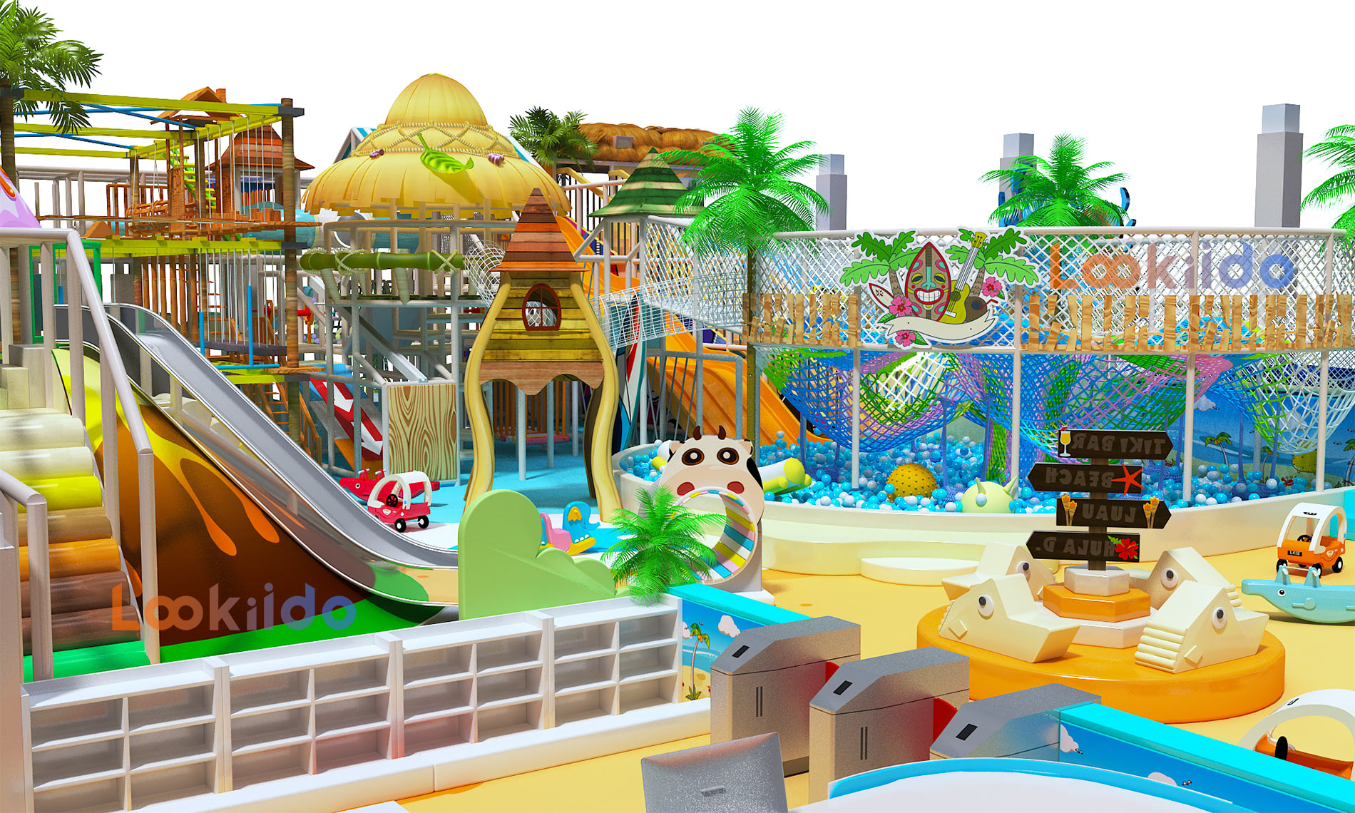 Coconut Beach Island Theme Adventure Playground with Donut Slides Kids Trampolines
