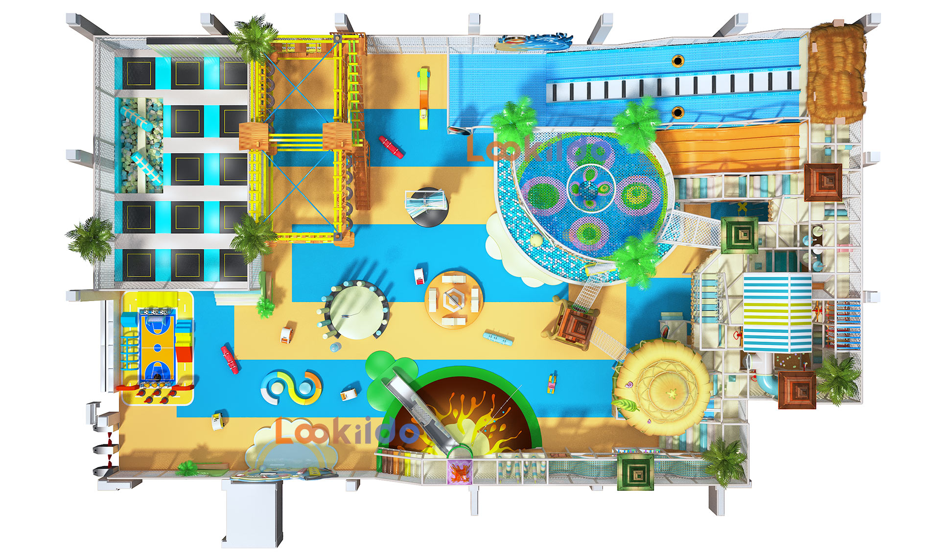 Coconut Beach Island Theme Adventure Playground with Donut Slides Kids Trampolines