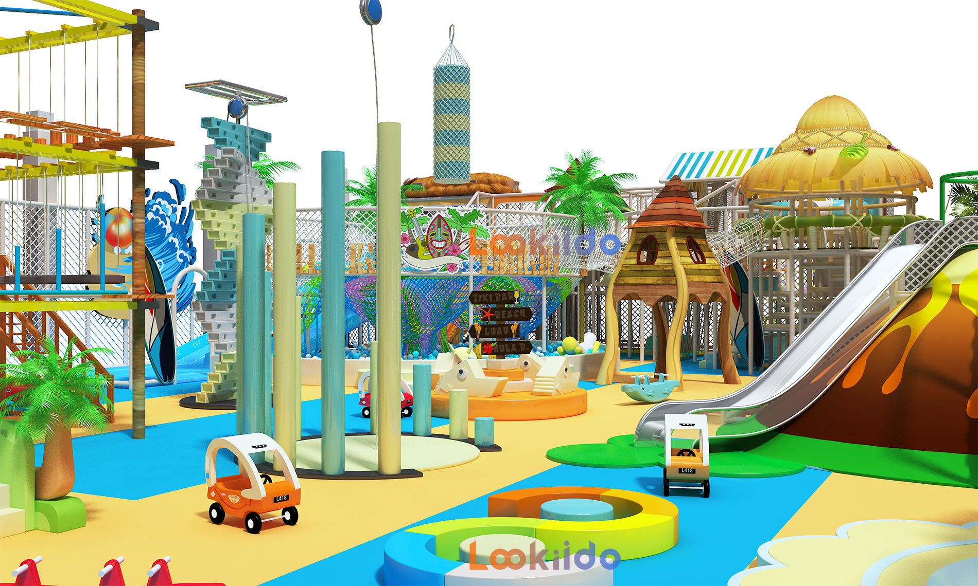 Coconut Beach Island Theme Adventure Playground with Donut Slides Kids Trampolines