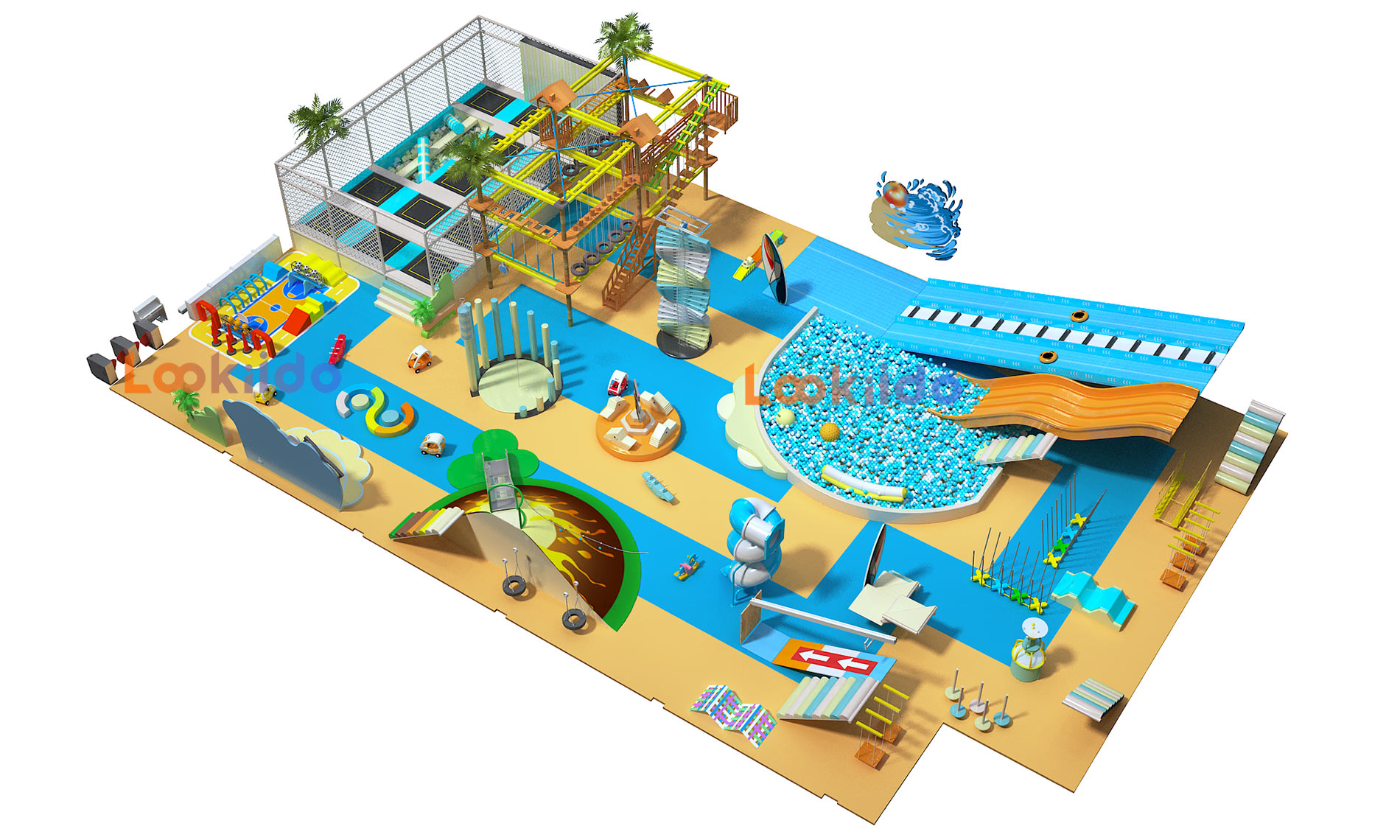 Coconut Beach Island Theme Adventure Playground with Donut Slides Kids Trampolines