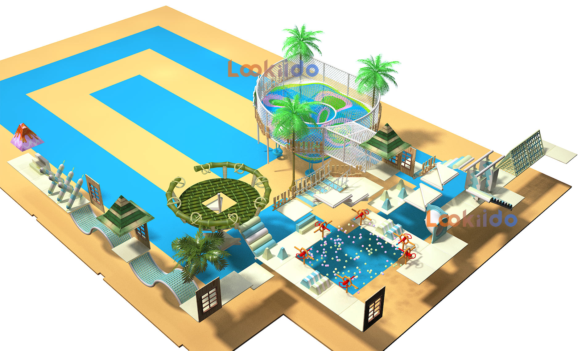 Coconut Beach Island Theme Adventure Playground with Donut Slides Kids Trampolines