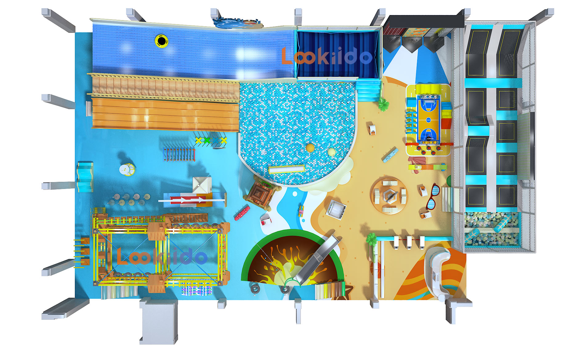 Coconut Beach Island Theme Adventure Playground with Donut Slides Kids Trampolines