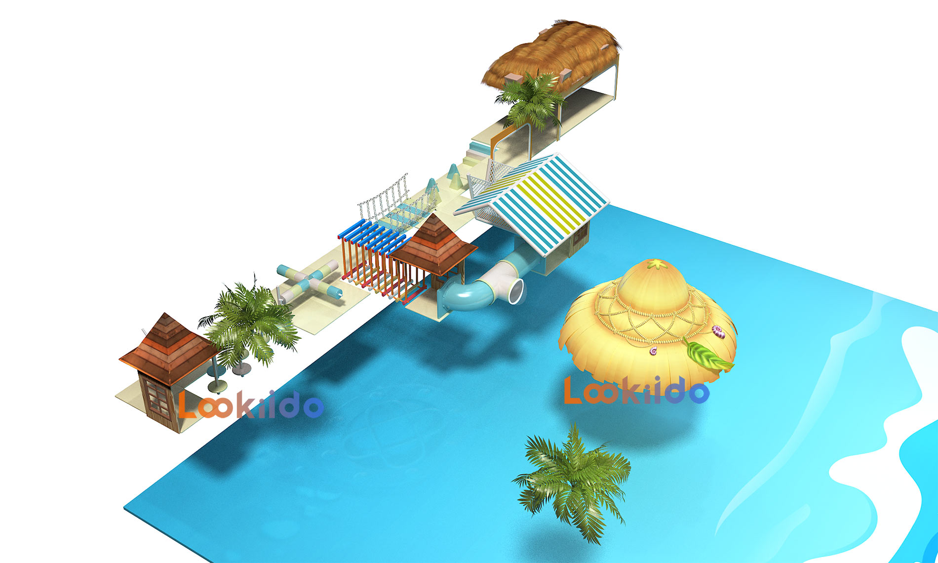 Coconut Beach Island Theme Adventure Playground with Donut Slides Kids Trampolines