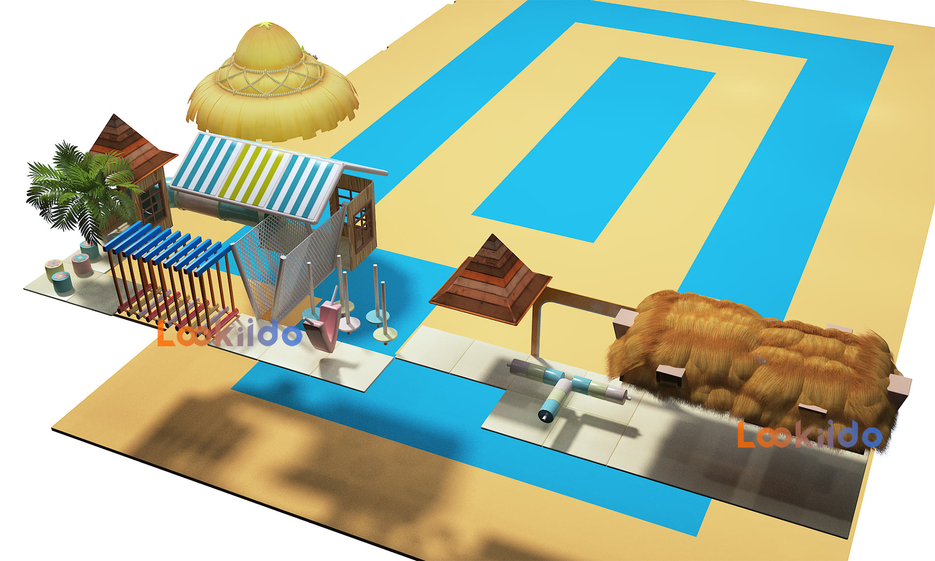 Coconut Beach Island Theme Adventure Playground with Donut Slides Kids Trampolines