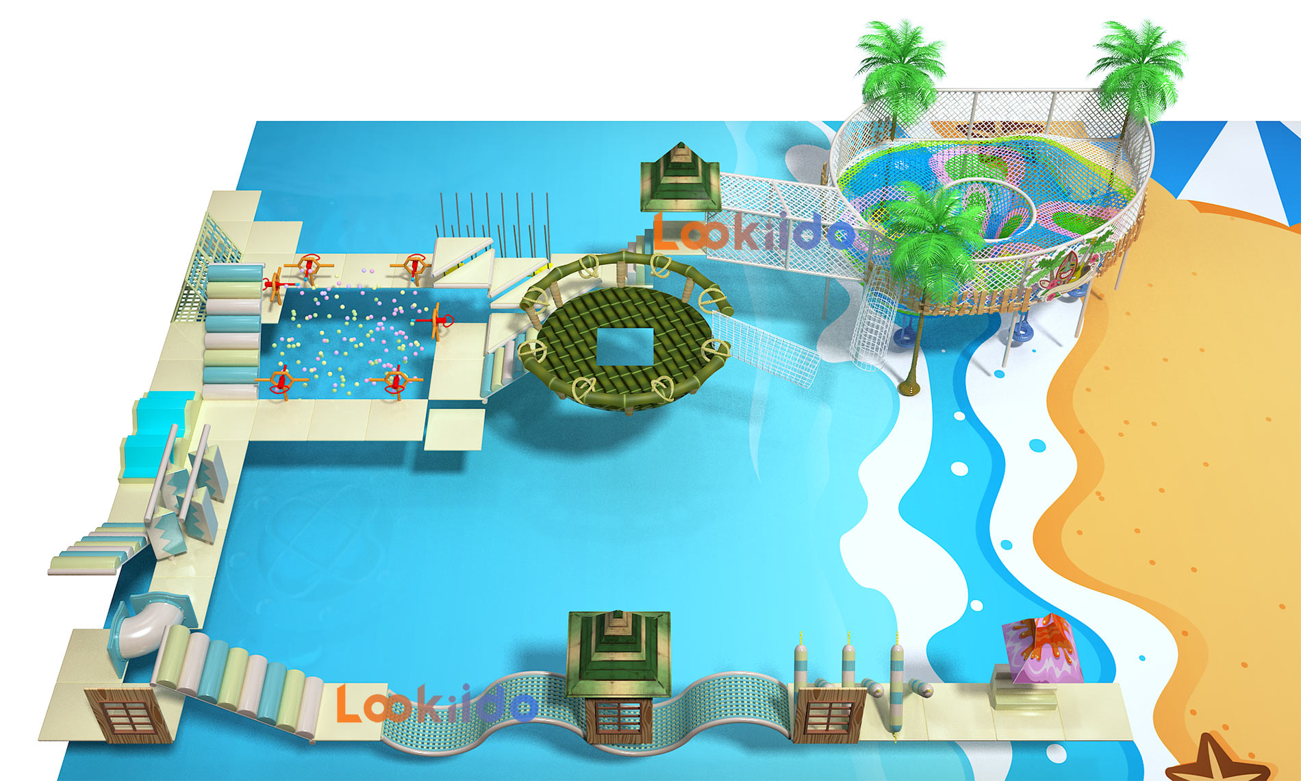 Coconut Beach Island Theme Adventure Playground with Donut Slides Kids Trampolines