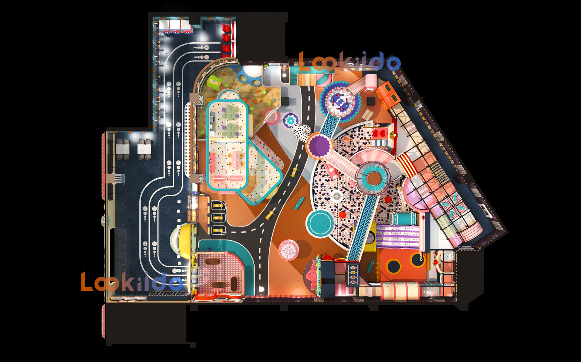 Candy Macaron Color Circus Playground with Dining Area and Arcade Machine