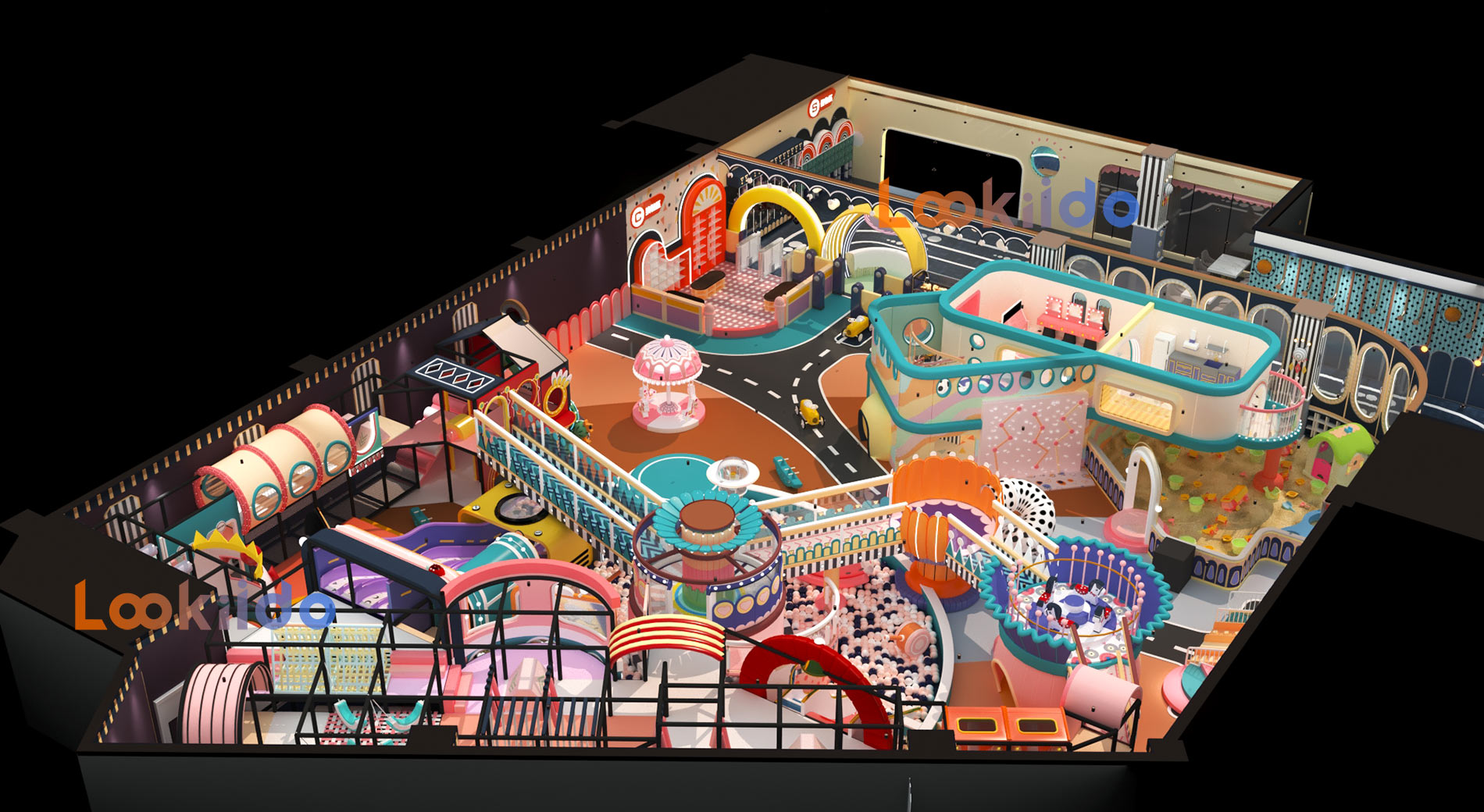 Candy Macaron Color Circus Playground with Dining Area and Arcade Machine