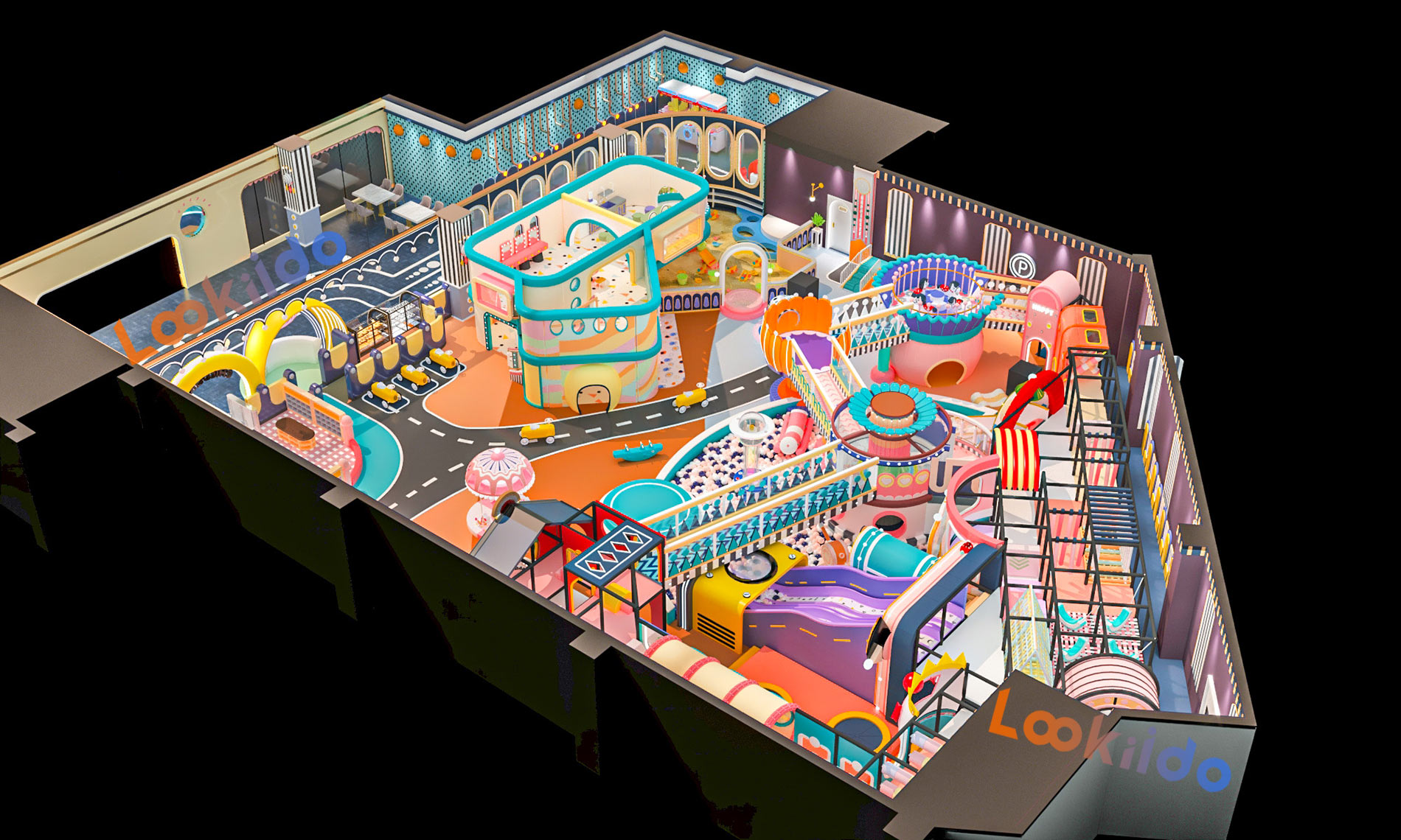 Candy Macaron Color Circus Playground with Dining Area and Arcade Machine