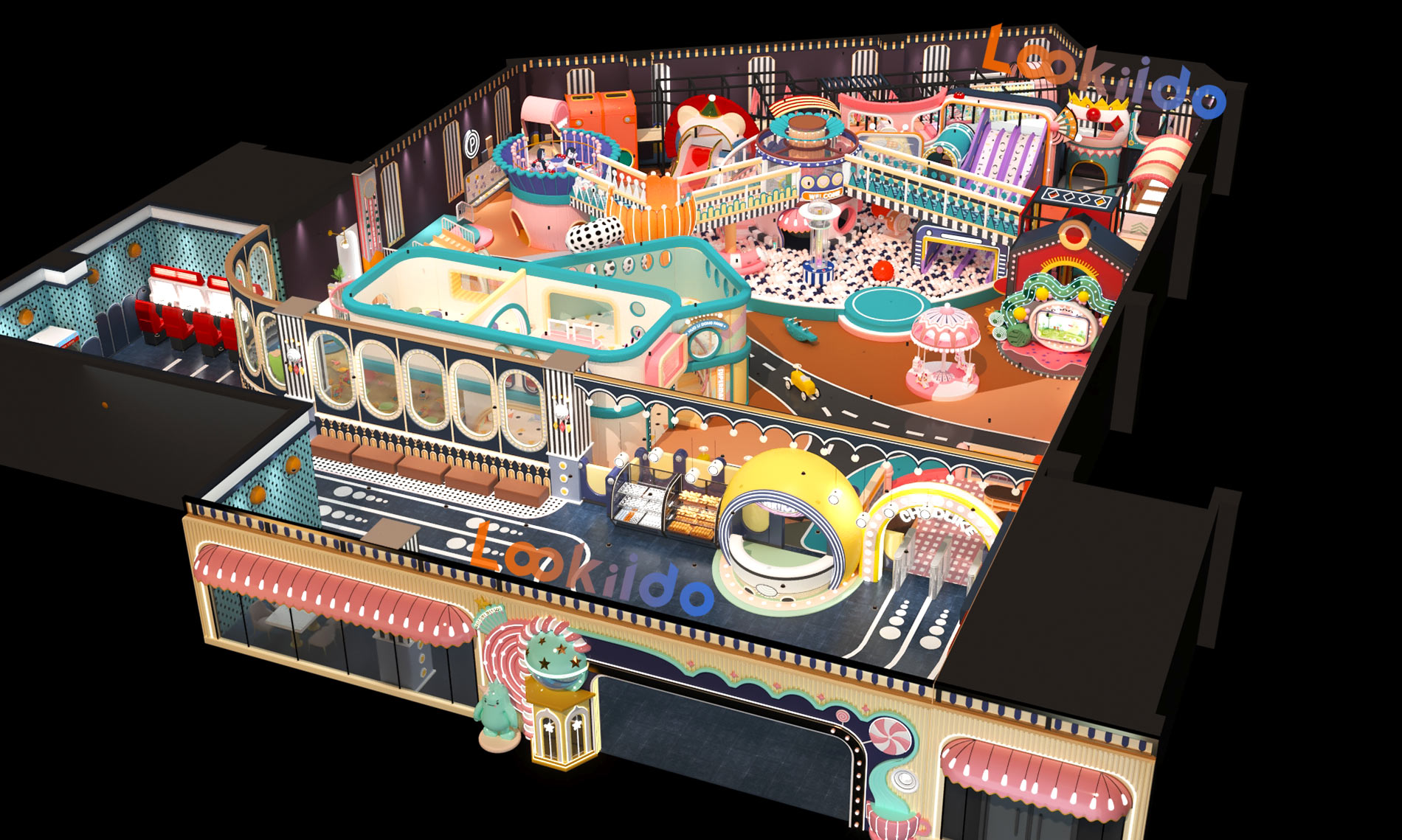 Candy Macaron Color Circus Playground with Dining Area and Arcade Machine