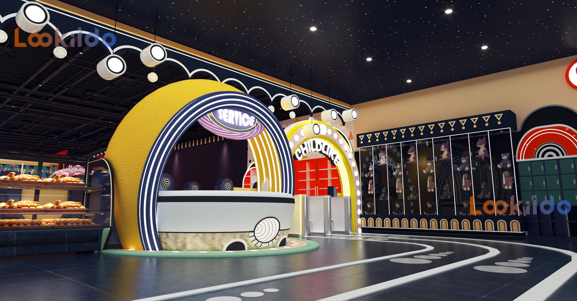 Candy Macaron Color Circus Playground with Dining Area and Arcade Machine