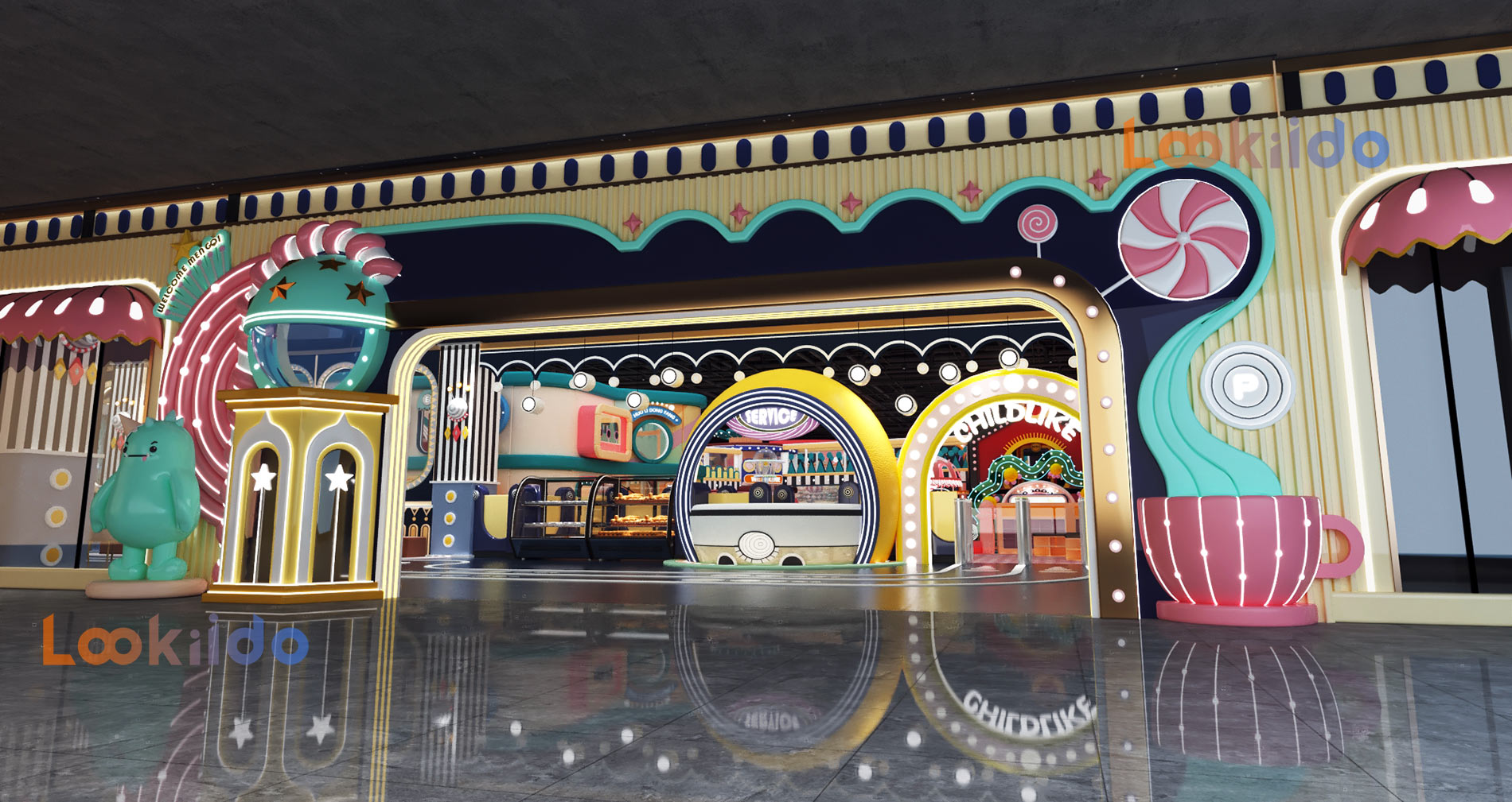 Candy Macaron Color Circus Playground with Dining Area and Arcade Machine