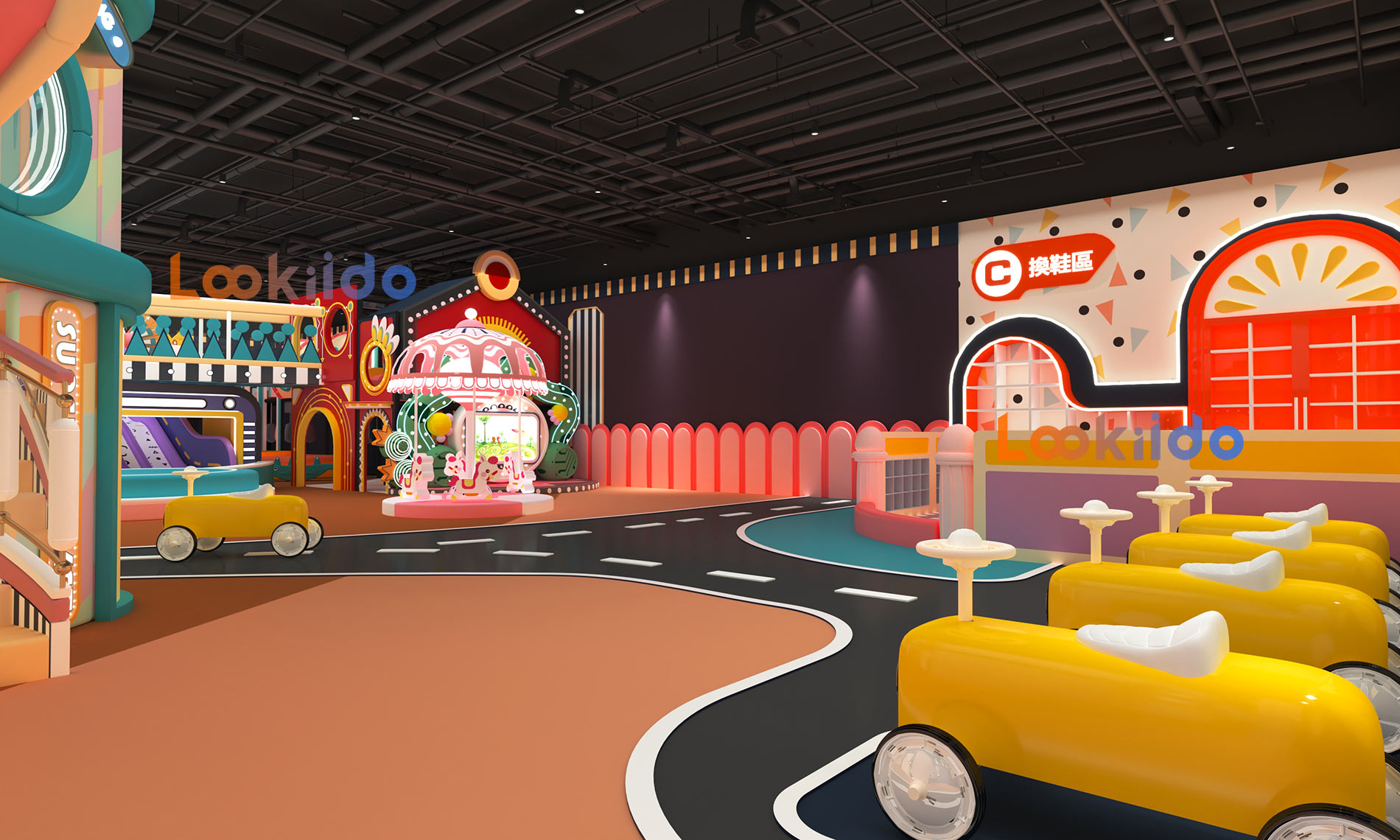 Candy Macaron Color Circus Playground with Dining Area and Arcade Machine