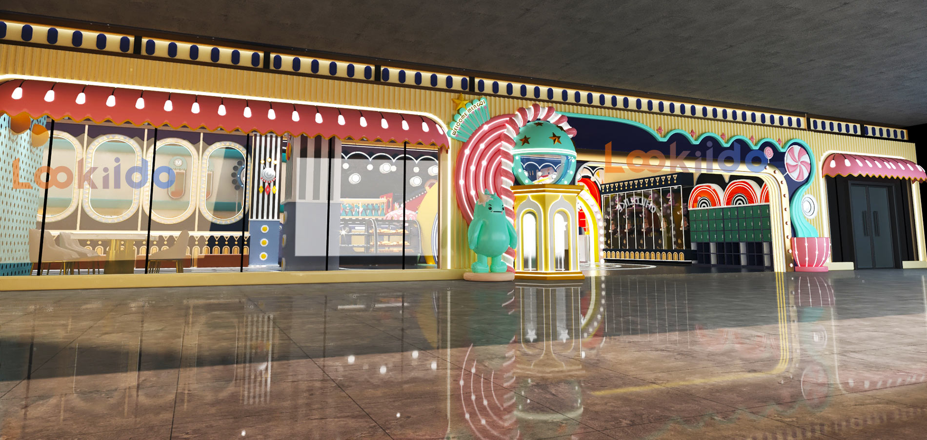 Candy Macaron Color Circus Playground with Dining Area and Arcade Machine