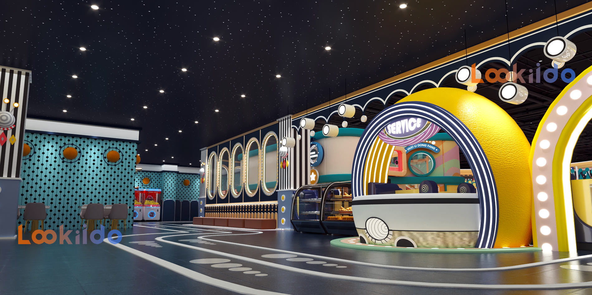 Candy Macaron Color Circus Playground with Dining Area and Arcade Machine