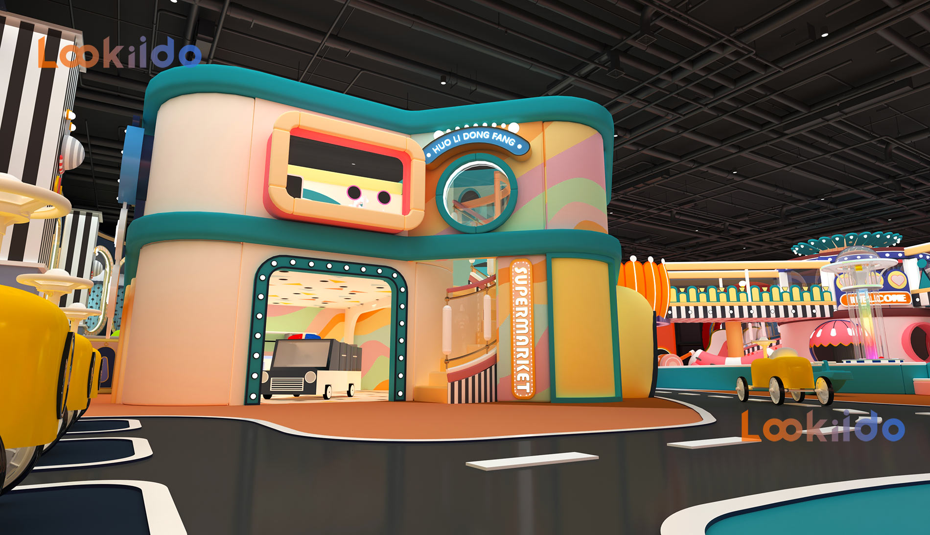 Candy Macaron Color Circus Playground with Dining Area and Arcade Machine