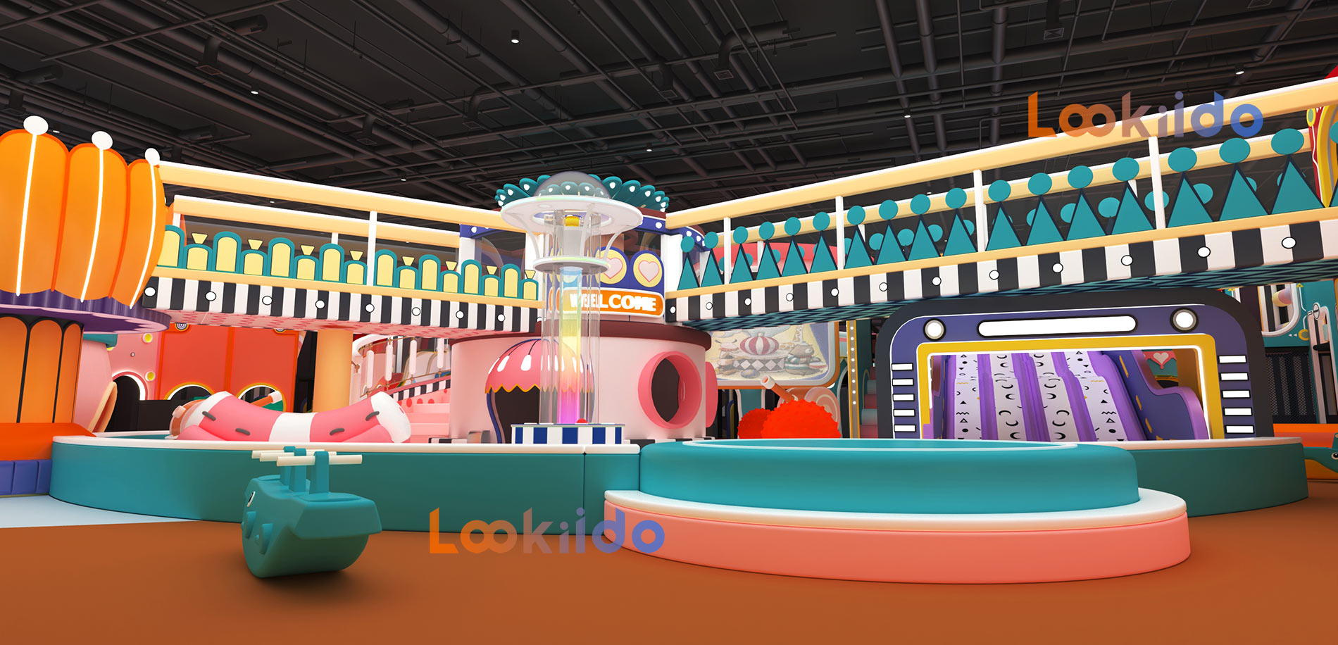 Candy Macaron Color Circus Playground with Dining Area and Arcade Machine