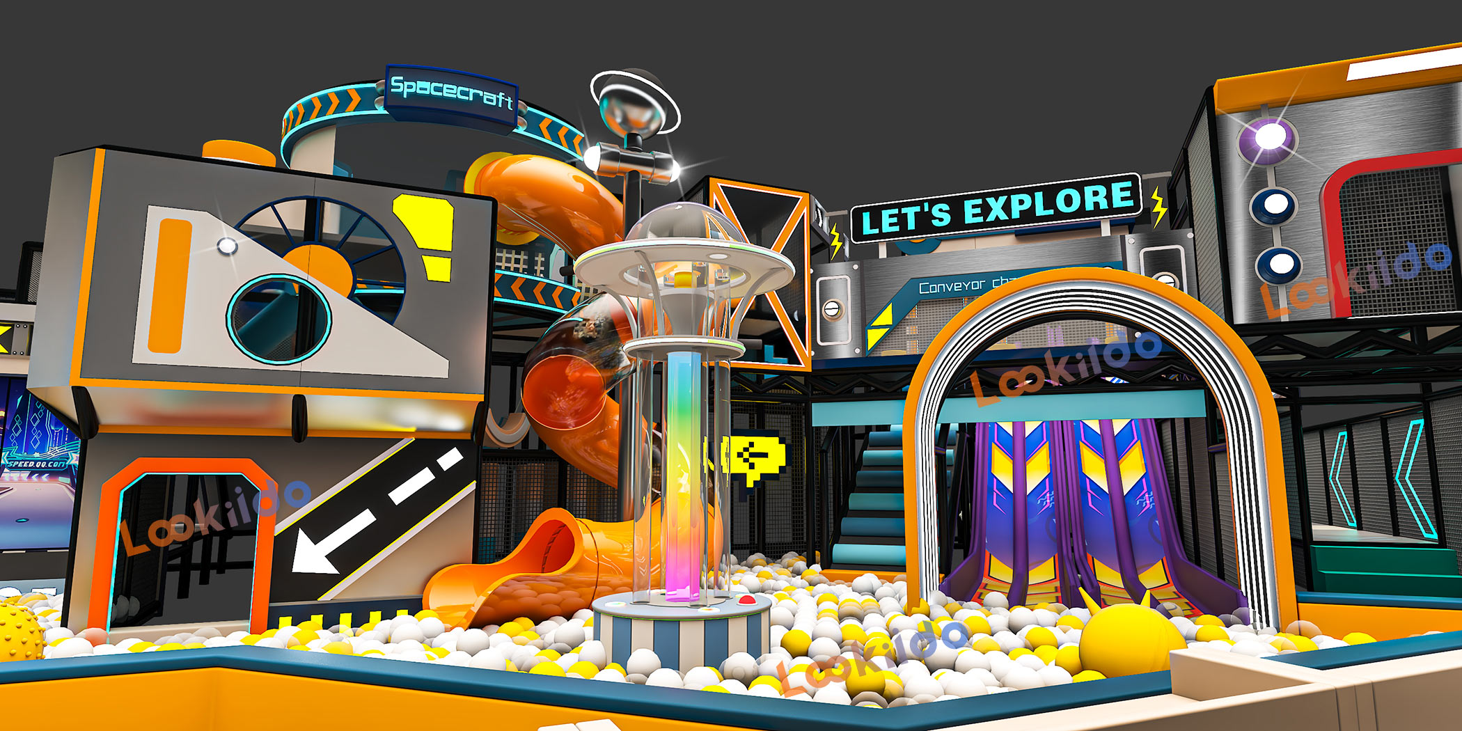 Space Themed Playground Equipment for Young Children with Spiral Tube Slides