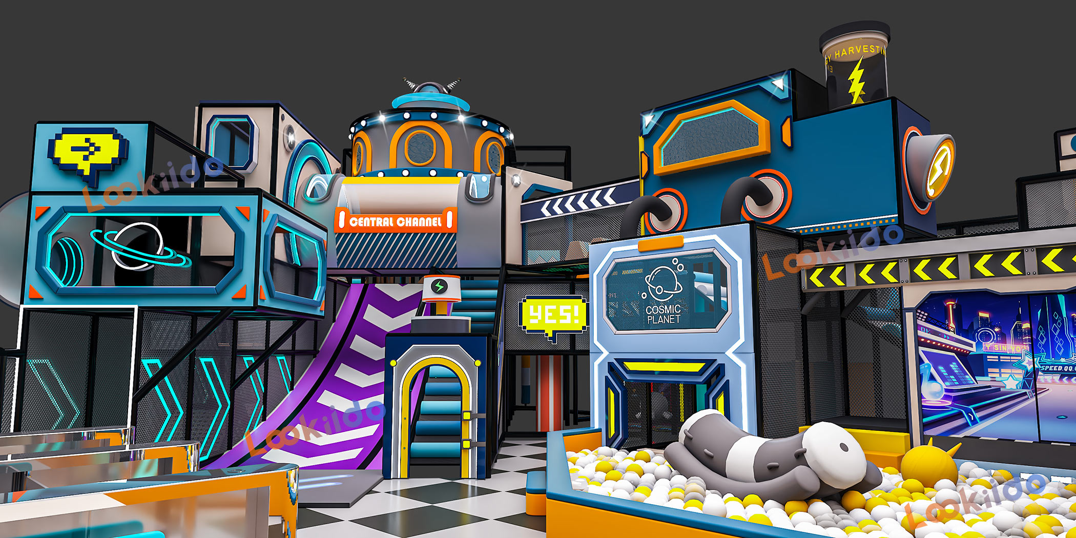 Space Themed Playground Equipment for Young Children with Spiral Tube Slides