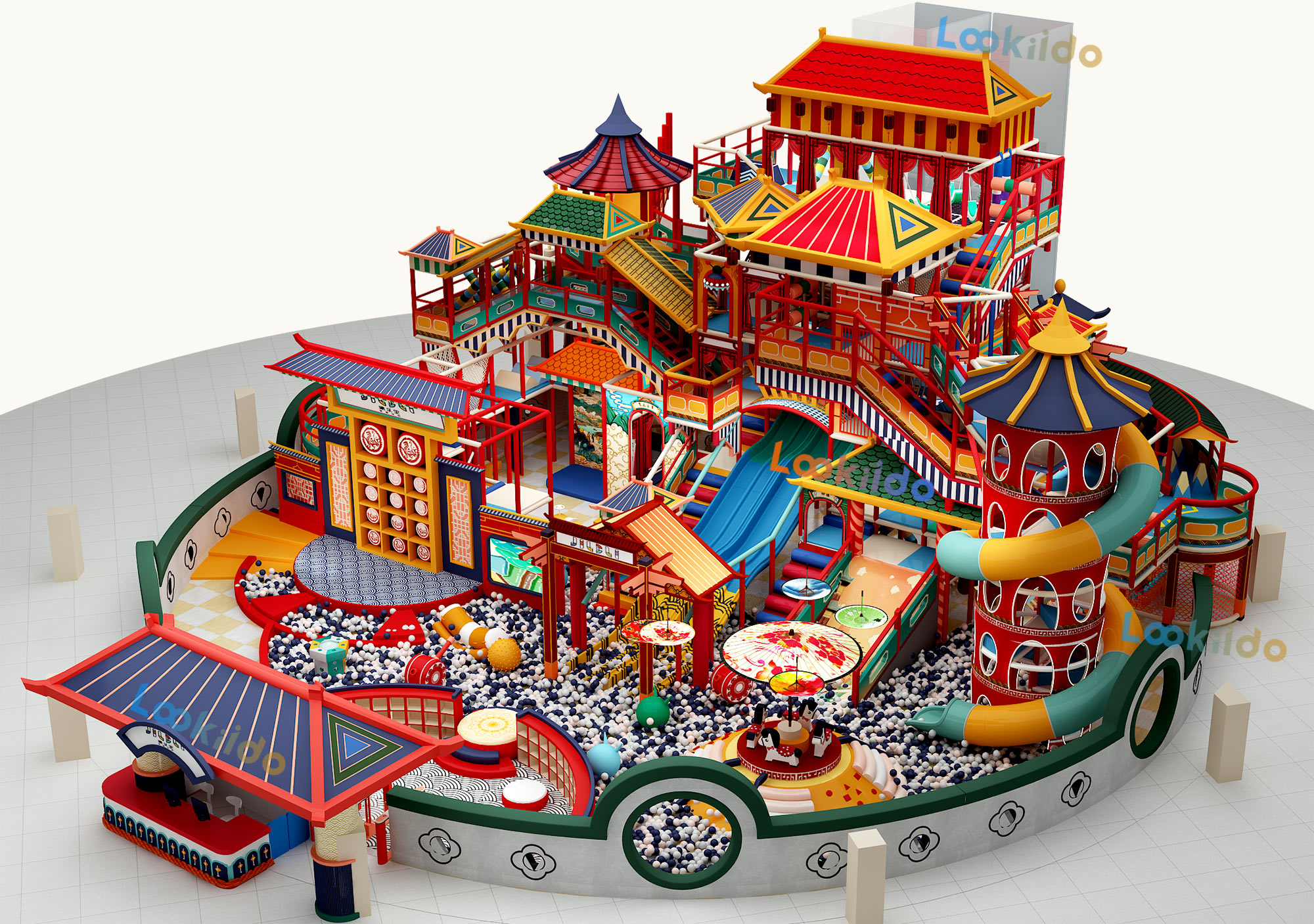 Ancient Chinese Palace Themed Indoor Playground Equipment with Spiral Slides and Soft Play Maze