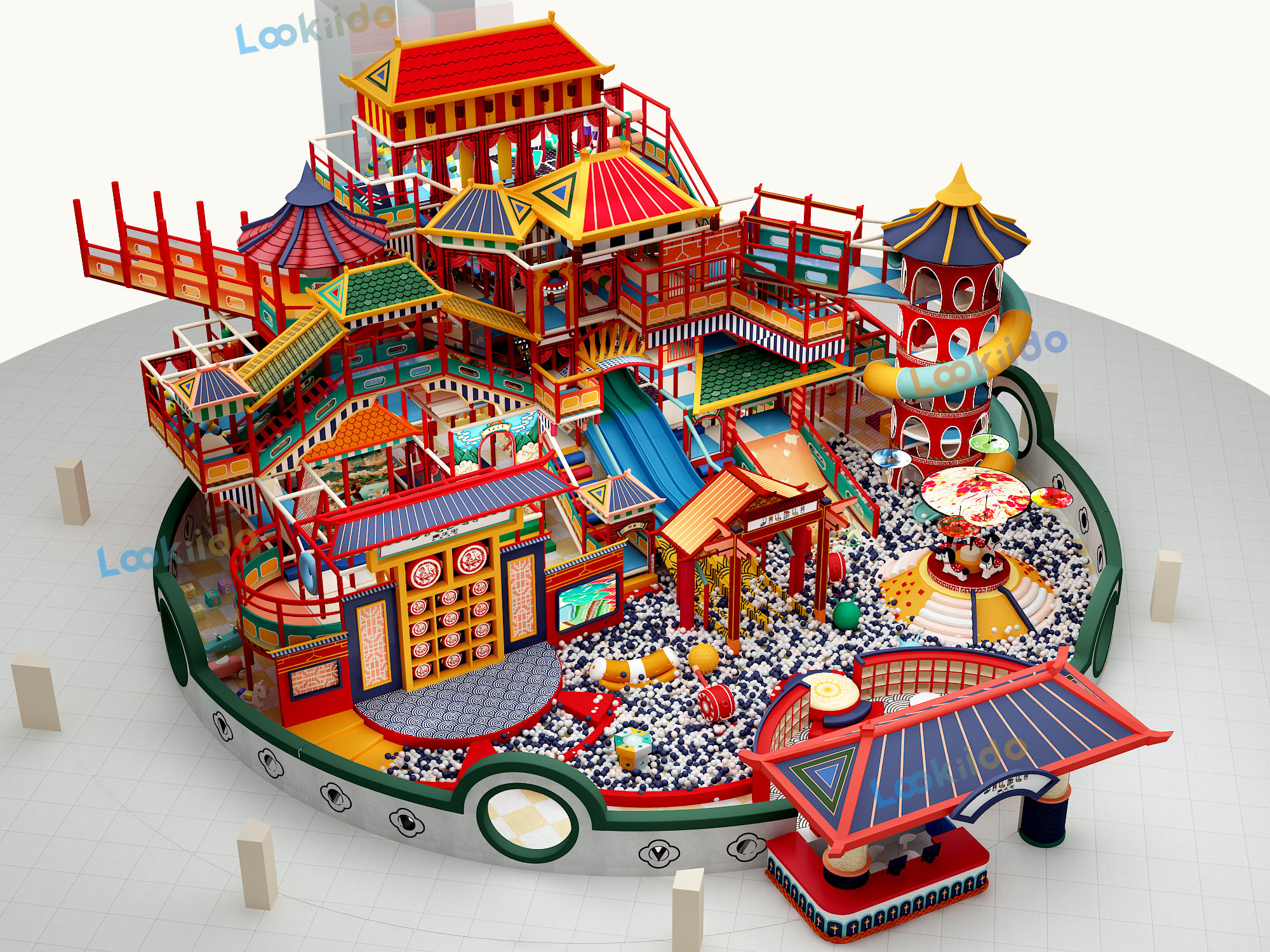 Ancient Chinese Palace Themed Indoor Playground Equipment with Spiral Slides and Soft Play Maze