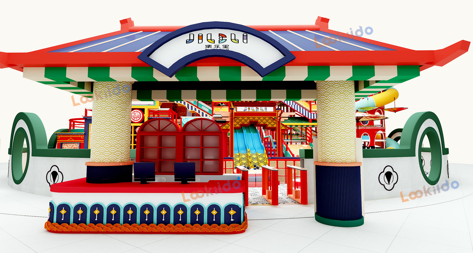 Ancient Chinese Palace Themed Indoor Playground Equipment with Spiral Slides and Soft Play Maze