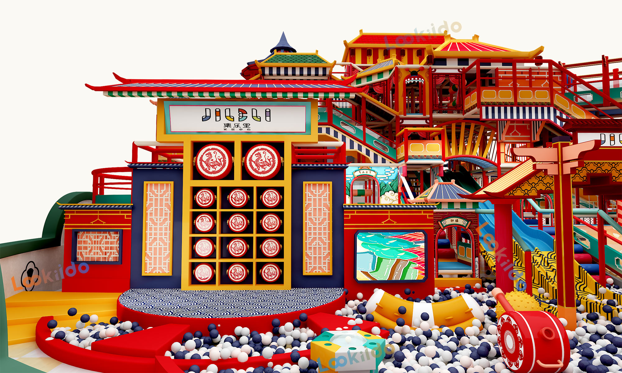 Ancient Chinese Palace Themed Indoor Playground Equipment with Spiral Slides and Soft Play Maze