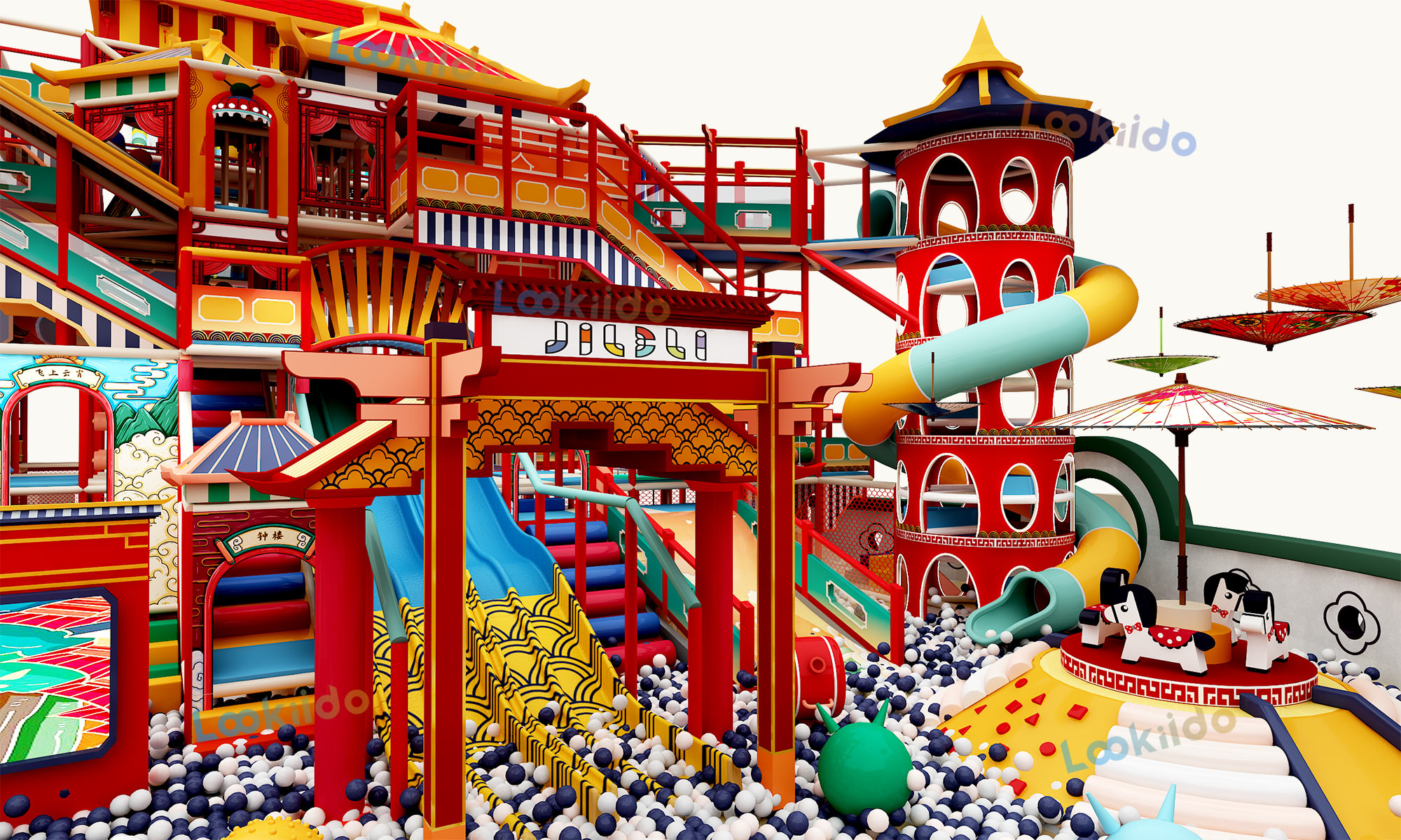 Ancient Chinese Palace Themed Indoor Playground Equipment with Spiral Slides and Soft Play Maze