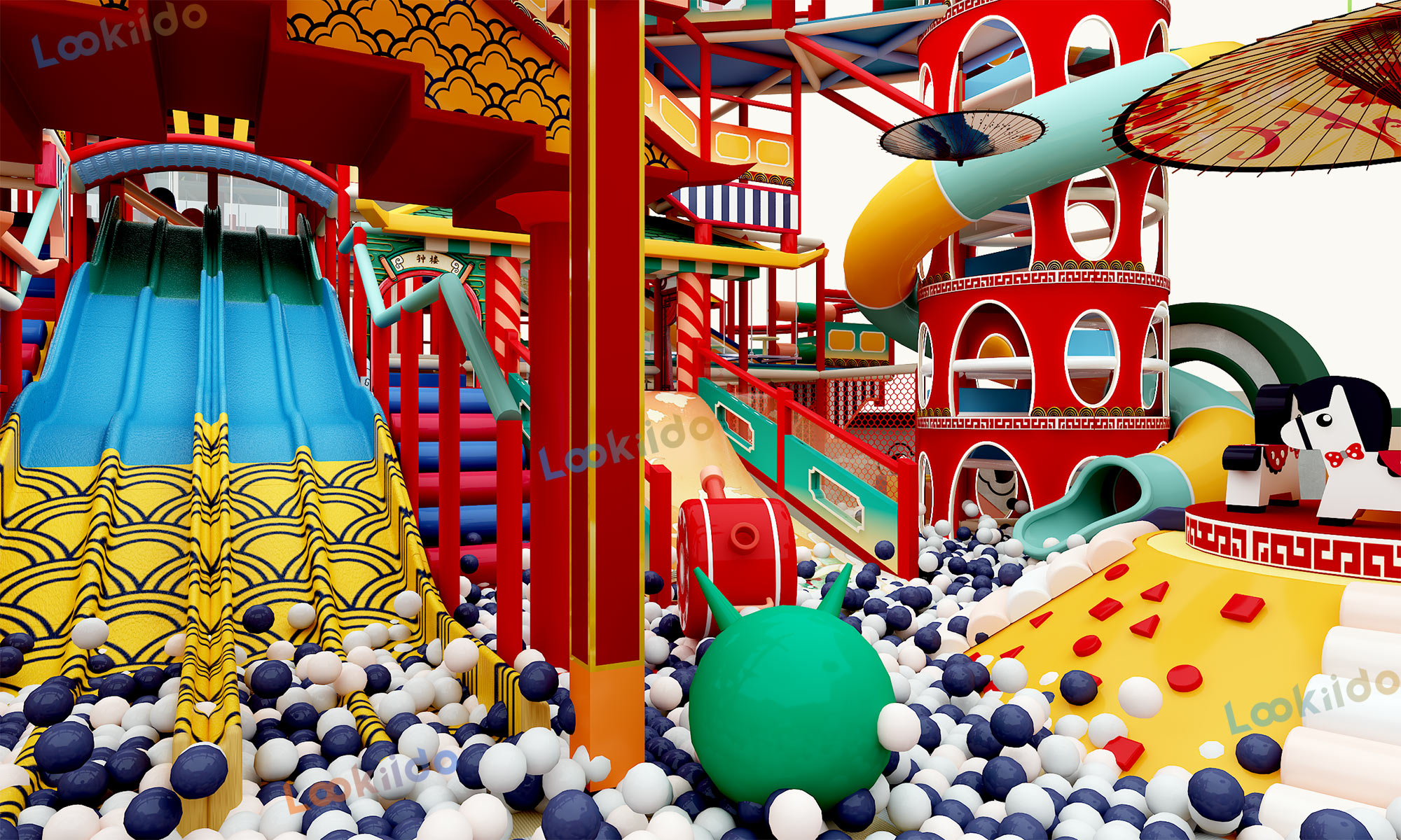 Ancient Chinese Palace Themed Indoor Playground Equipment with Spiral Slides and Soft Play Maze