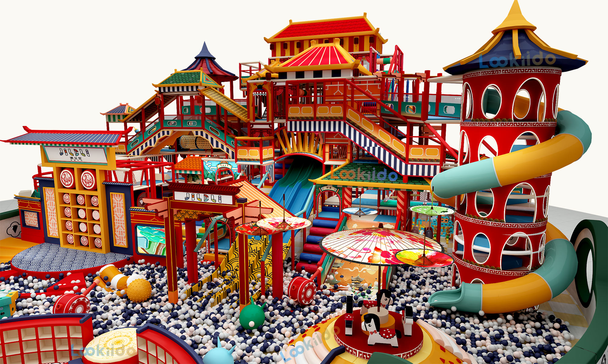 Ancient Chinese Palace Themed Indoor Playground Equipment with Spiral Slides and Soft Play Maze