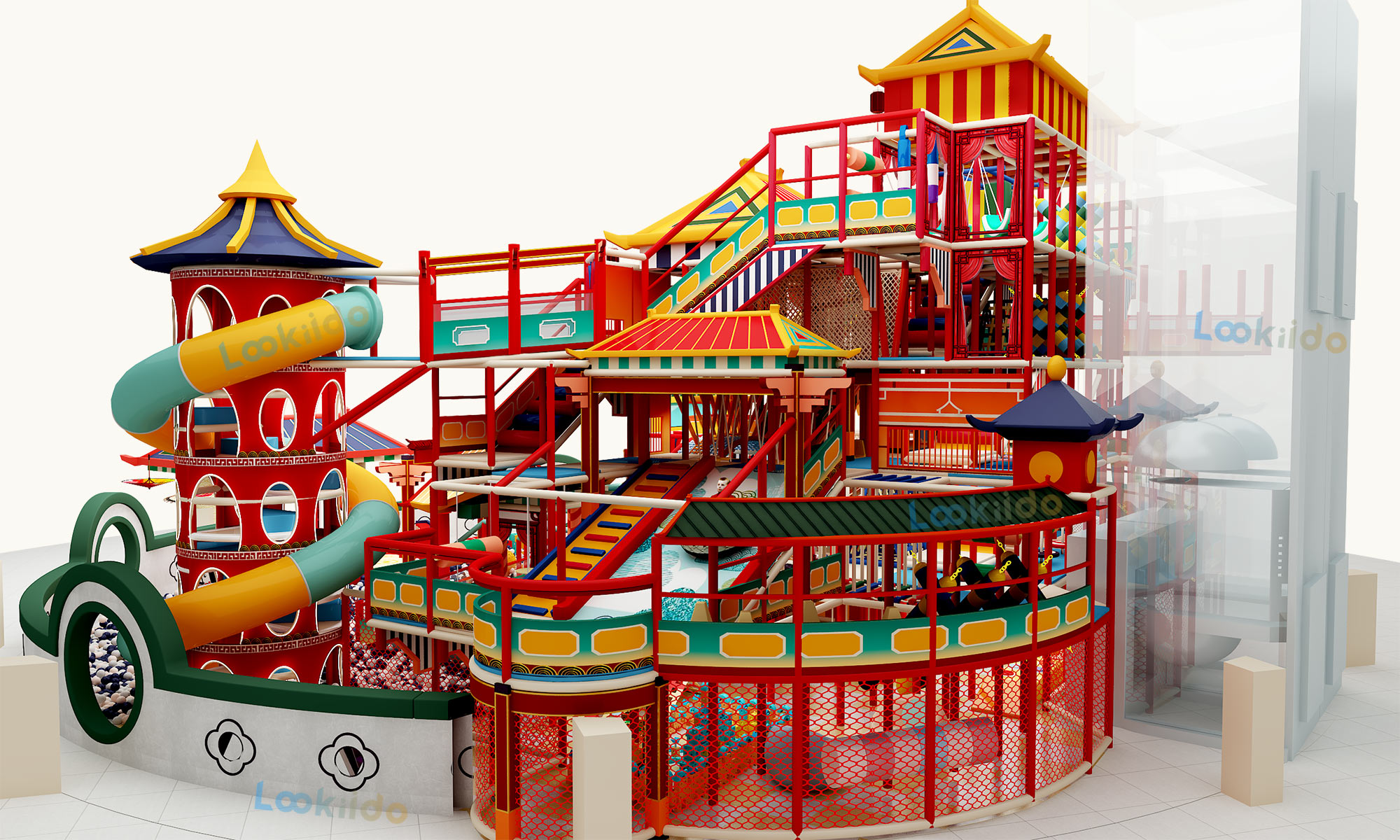 Ancient Chinese Palace Themed Indoor Playground Equipment with Spiral Slides and Soft Play Maze