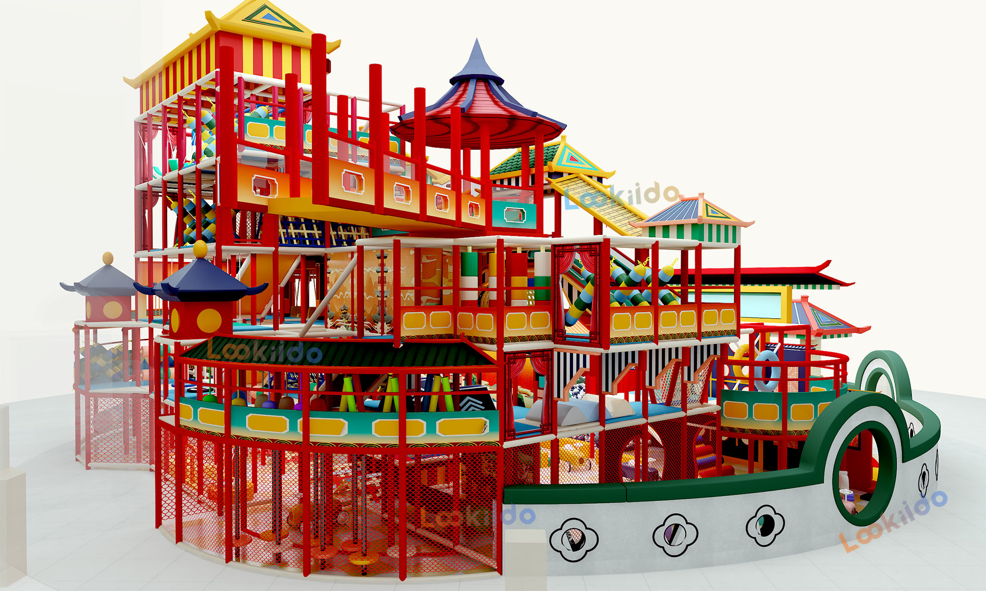 Ancient Chinese Palace Themed Indoor Playground Equipment with Spiral Slides and Soft Play Maze