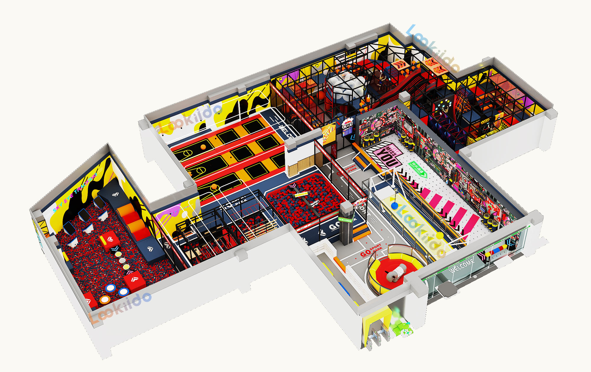 Multi Zone Indoor Adventure Park Plan Featuring Ninja Courses and Inflatable Bullfight