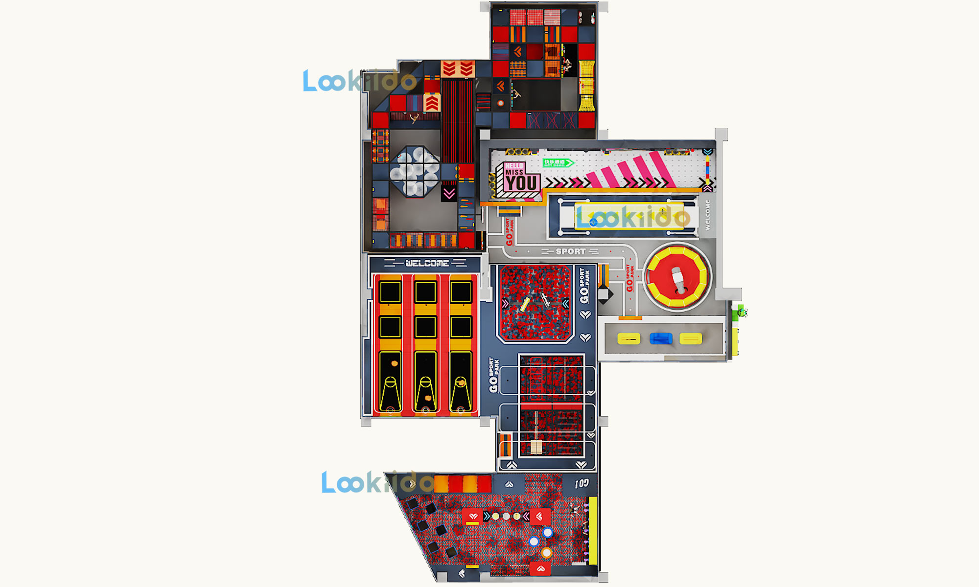 Multi Zone Indoor Adventure Park Plan Featuring Ninja Courses and Inflatable Bullfight