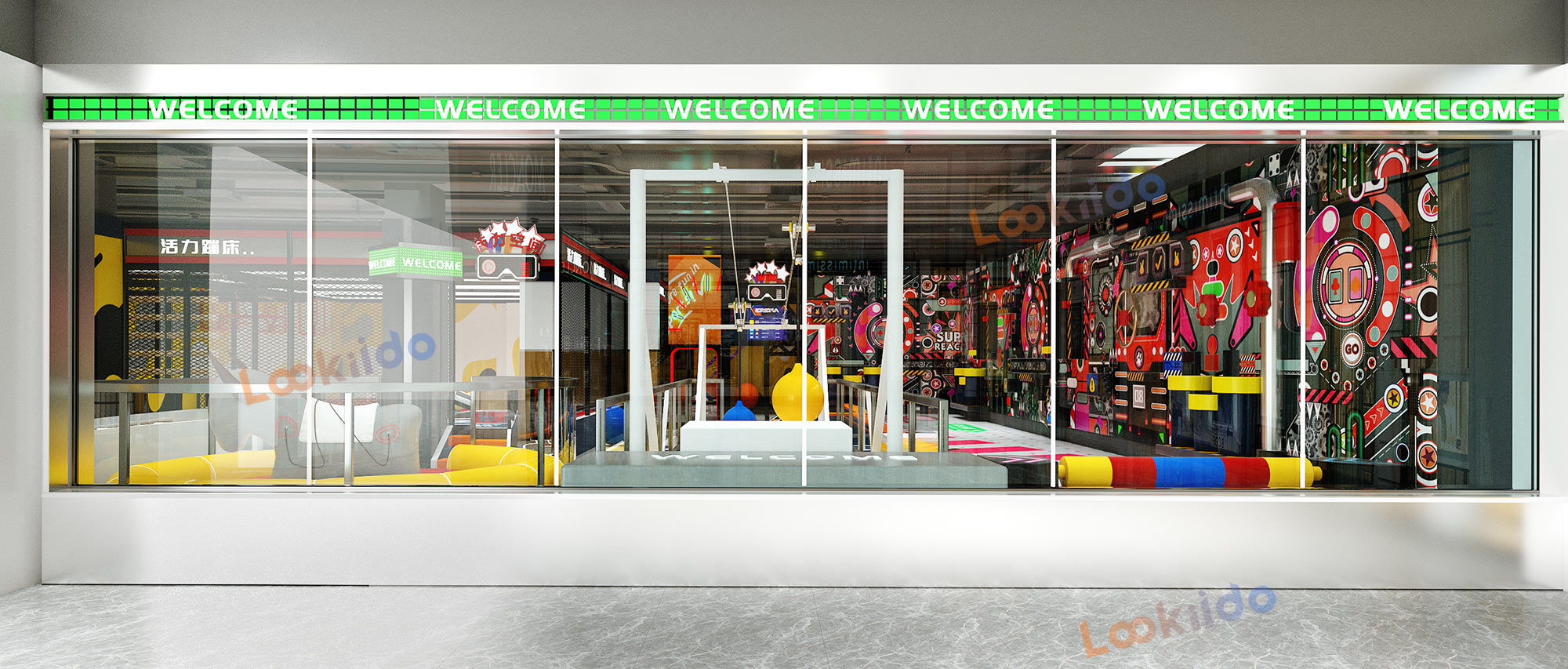 Multi Zone Indoor Adventure Park Plan Featuring Ninja Courses and Inflatable Bullfight