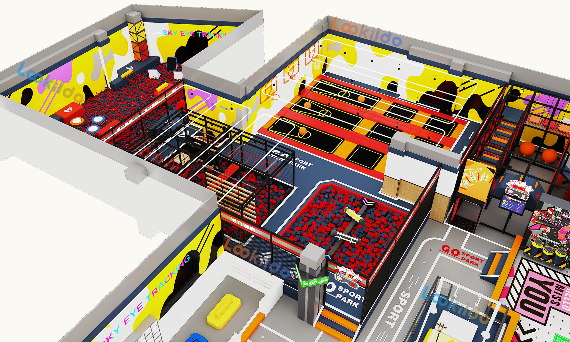 Multi Zone Indoor Adventure Park Plan Featuring Ninja Courses and Inflatable Bullfight